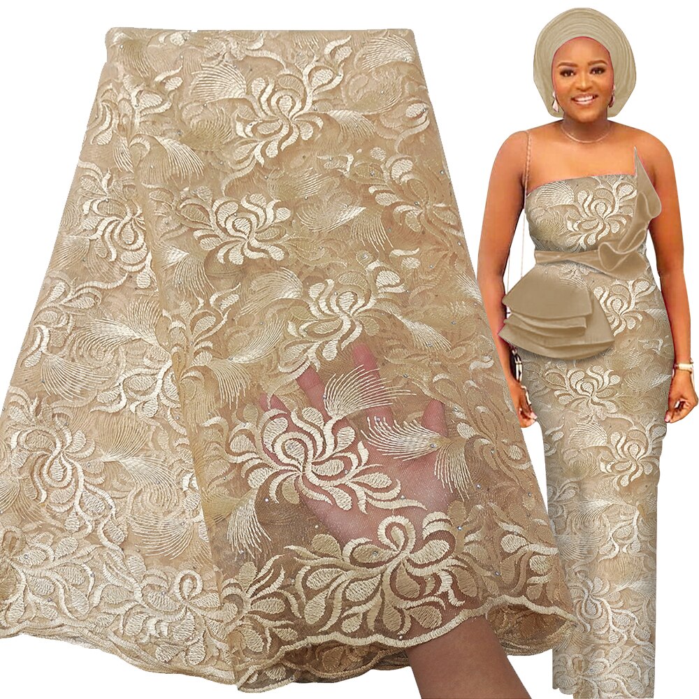Texgate  Latest French Tulle Lace Fabric High Quality Embroidery Beaded African Lace Fabric 5 Yards For Nigerian Wedding Asoebi