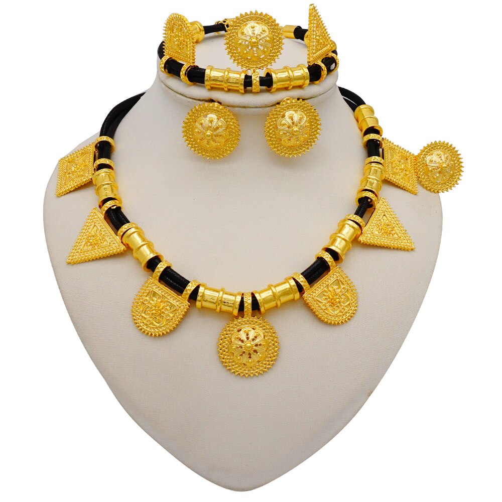Trendy Nigerian Dubai Gold Color Jewelry Set For Women Tassel Long Chain Bridal Long Necklace Bracelet Earring Ring Wedding Sets