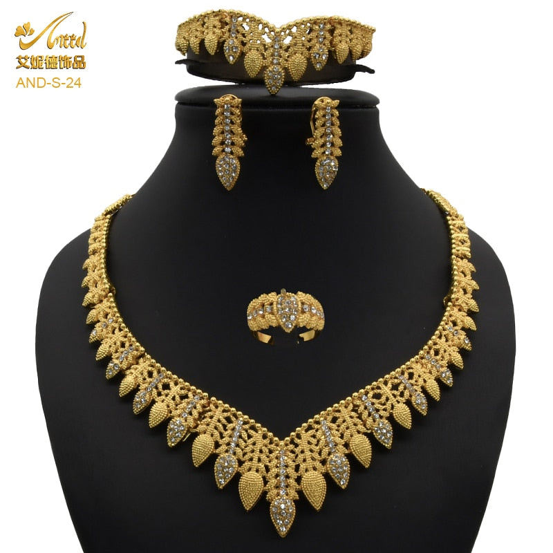 Nigerian Wedding Jewelry Set Gold Plated Dubai African Chokers Necklace Earrings Rings Fashion Bridal Jewellery Sets For Women