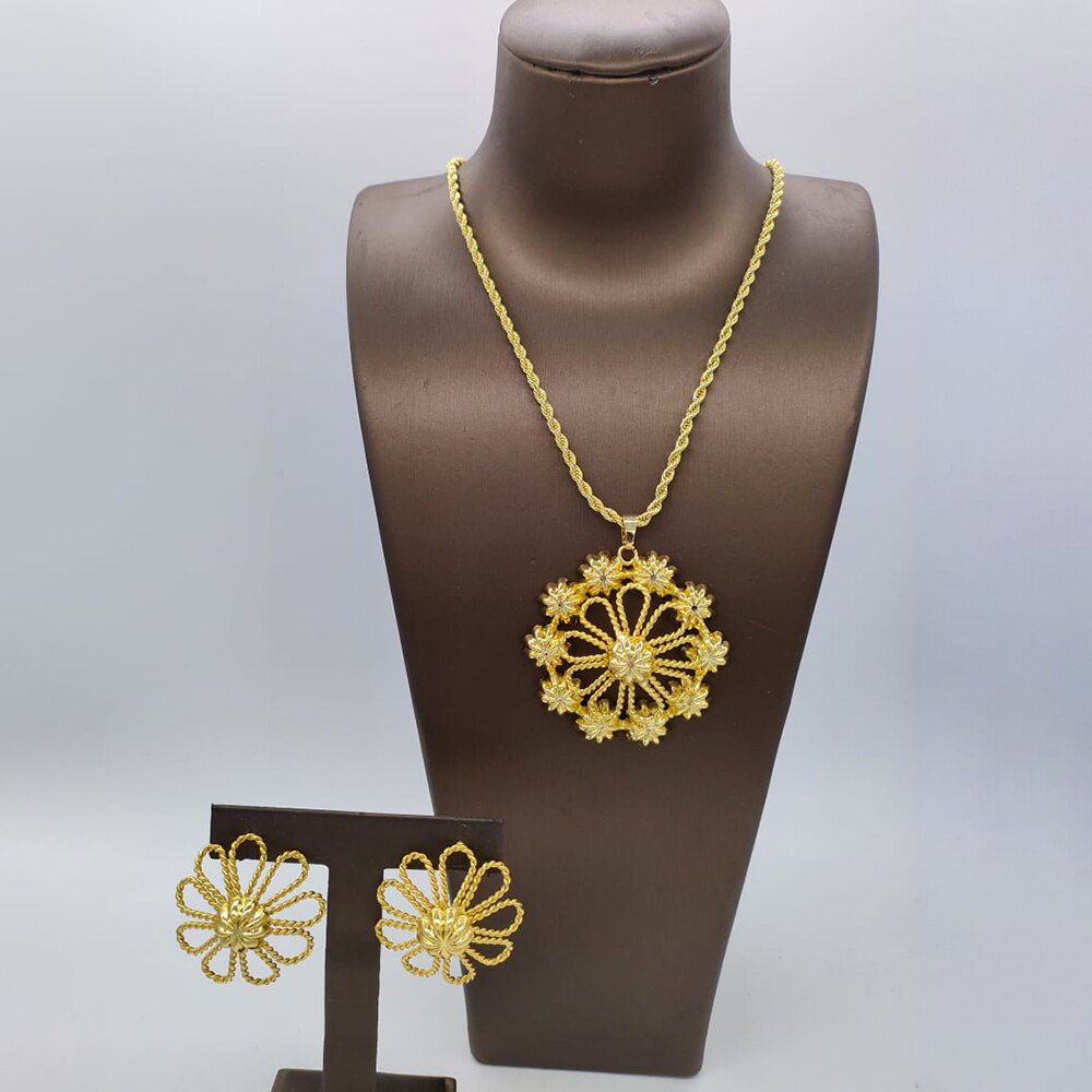 Nigerian Gold Plated Jewelry Set Long Chain Necklace and Earrings 2Pcs Set 18k Gold Color Women Fashion Weddings Party Gifts