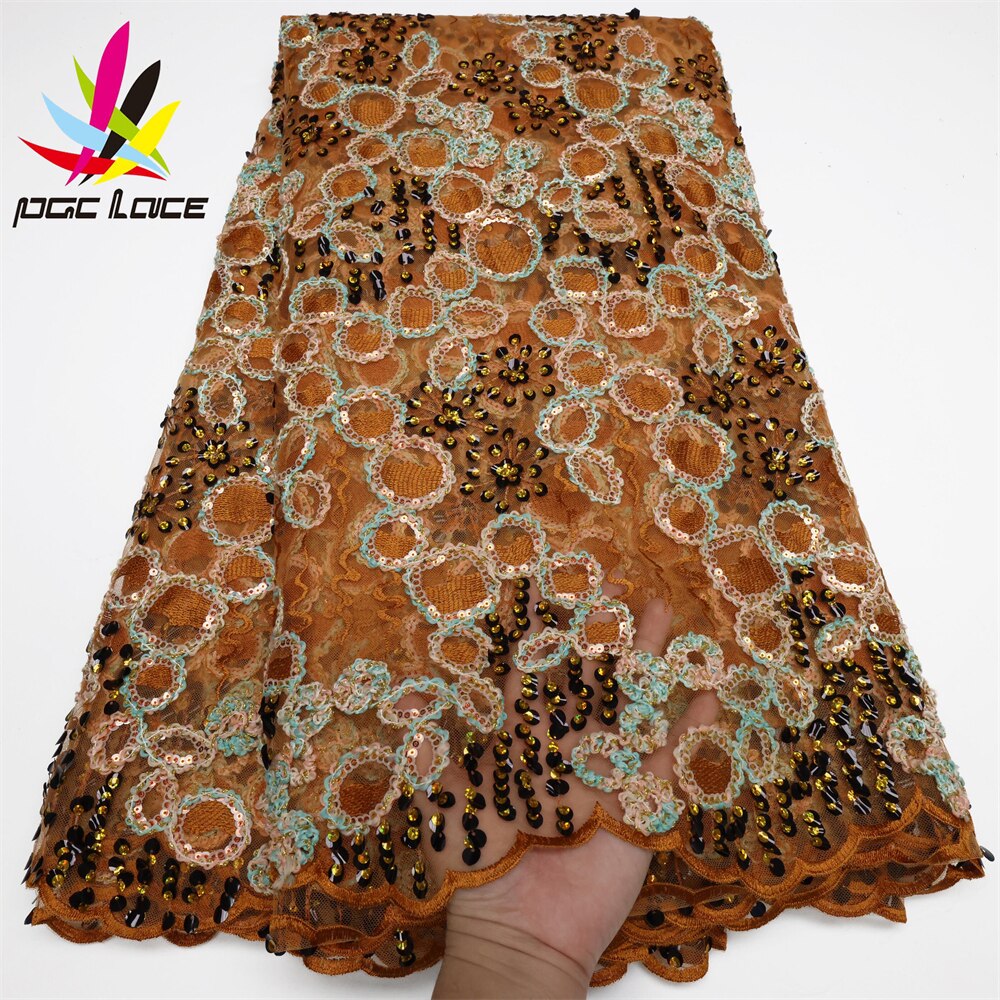 PGC Embroidery African Sequins Lace Fabric 5 Yards 2022 High Quality Nigerian Wedding Asoebi French Tulle Lace Material LY506-2