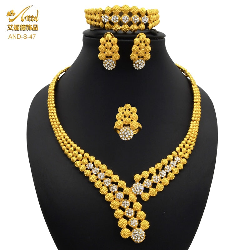 Nigerian Wedding Jewelry Set Gold Plated Dubai African Chokers Necklace Earrings Rings Fashion Bridal Jewellery Sets For Women