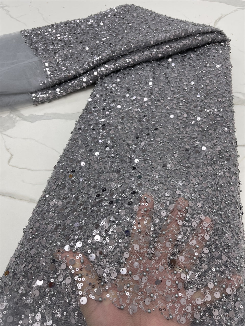 Grey/Silver Sequins Swiss Lace