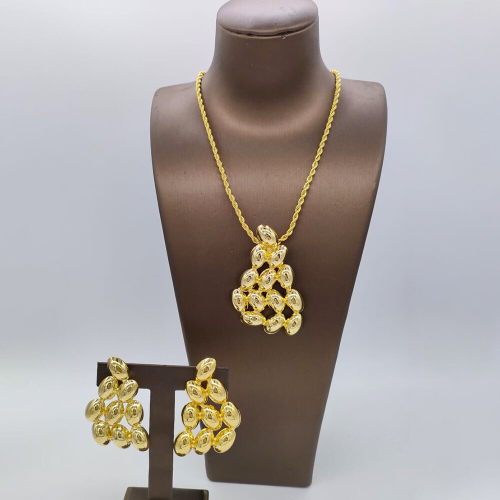 Nigerian Gold Plated Jewelry Set Long Chain Necklace and Earrings 2Pcs Set 18k Gold Color Women Fashion Weddings Party Gifts