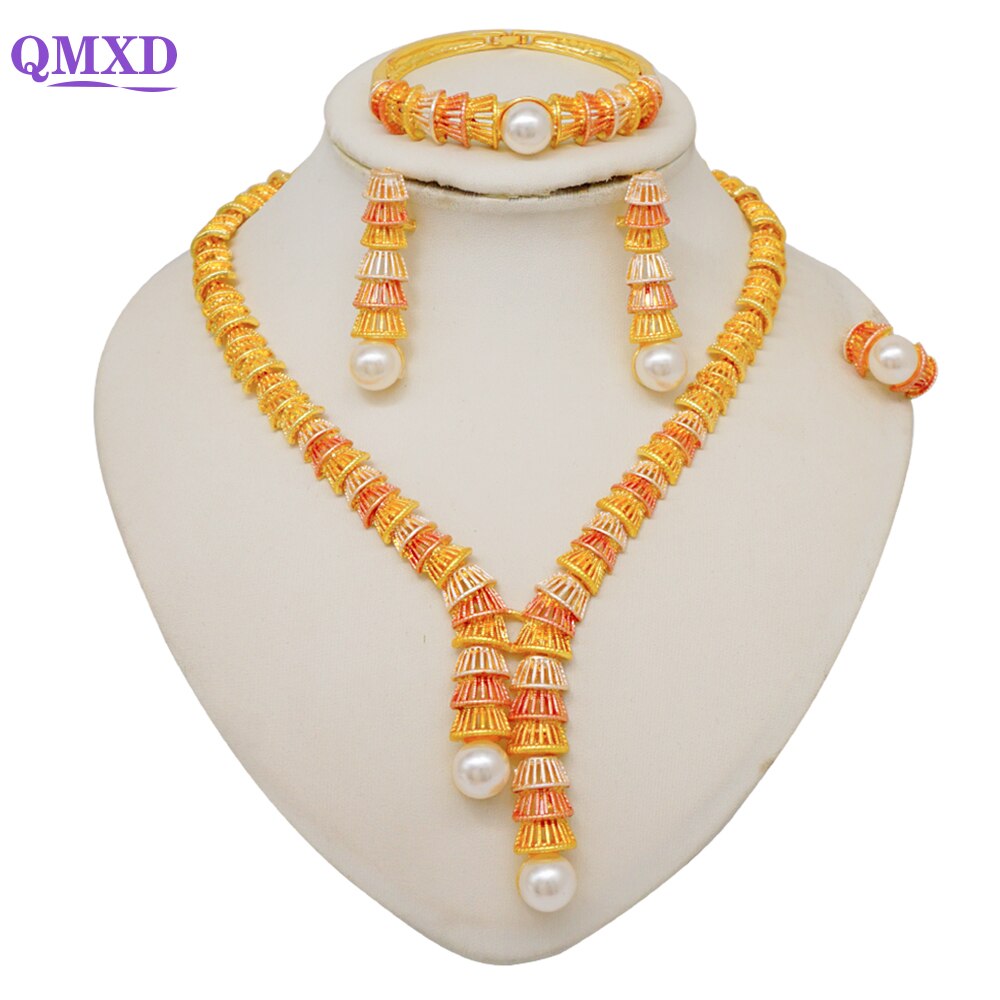 Trendy Nigerian Dubai Gold Color Jewelry Set For Women Tassel Long Chain Bridal Long Necklace Bracelet Earring Ring Wedding Sets