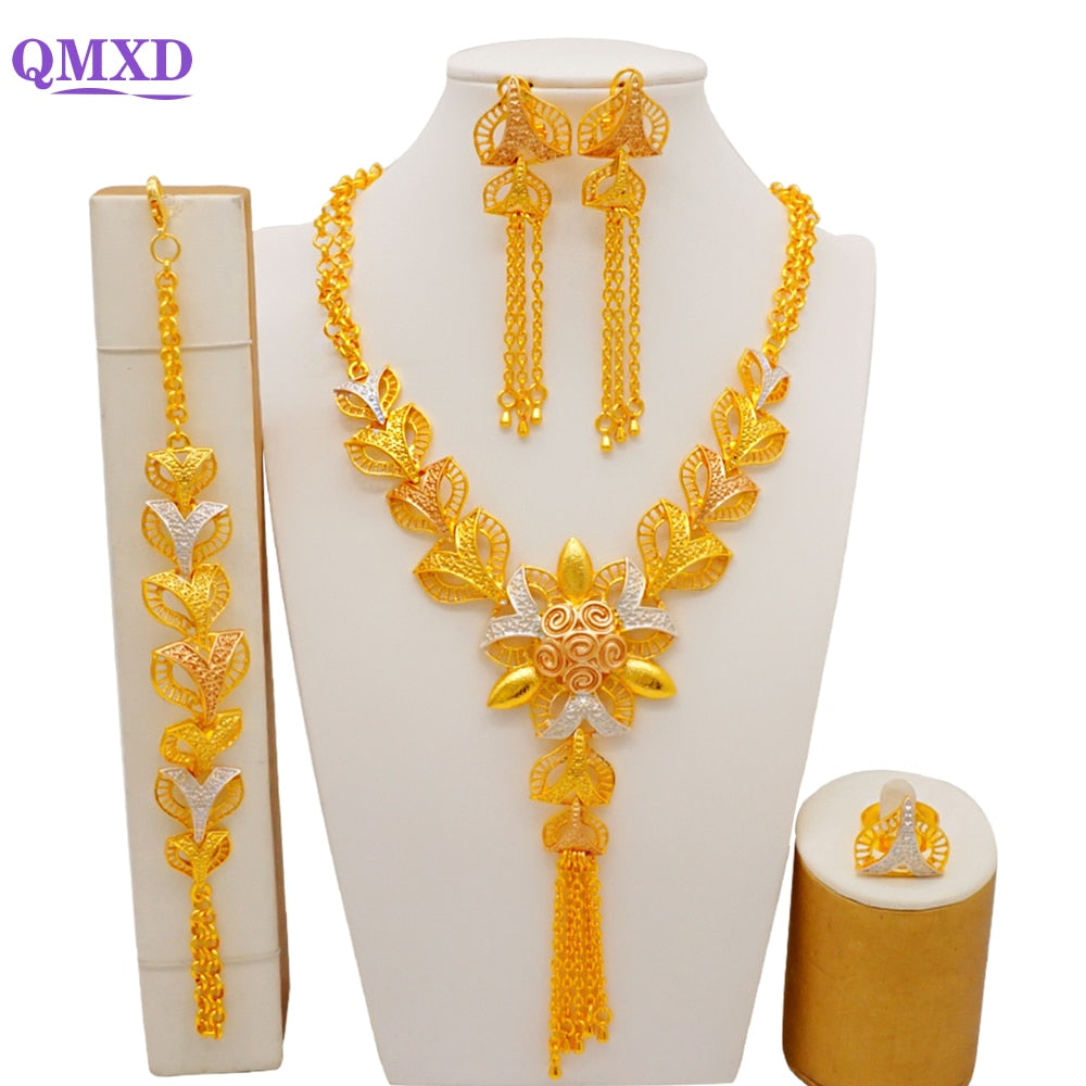 Trendy Nigerian Dubai Gold Color Jewelry Set For Women Tassel Long Chain Bridal Long Necklace Bracelet Earring Ring Wedding Sets