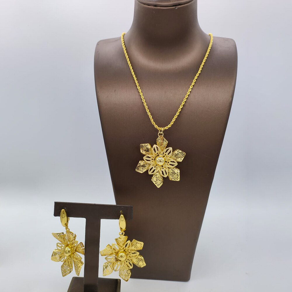 Nigerian Gold Plated Jewelry Set Long Chain Necklace and Earrings 2Pcs Set 18k Gold Color Women Fashion Weddings Party Gifts