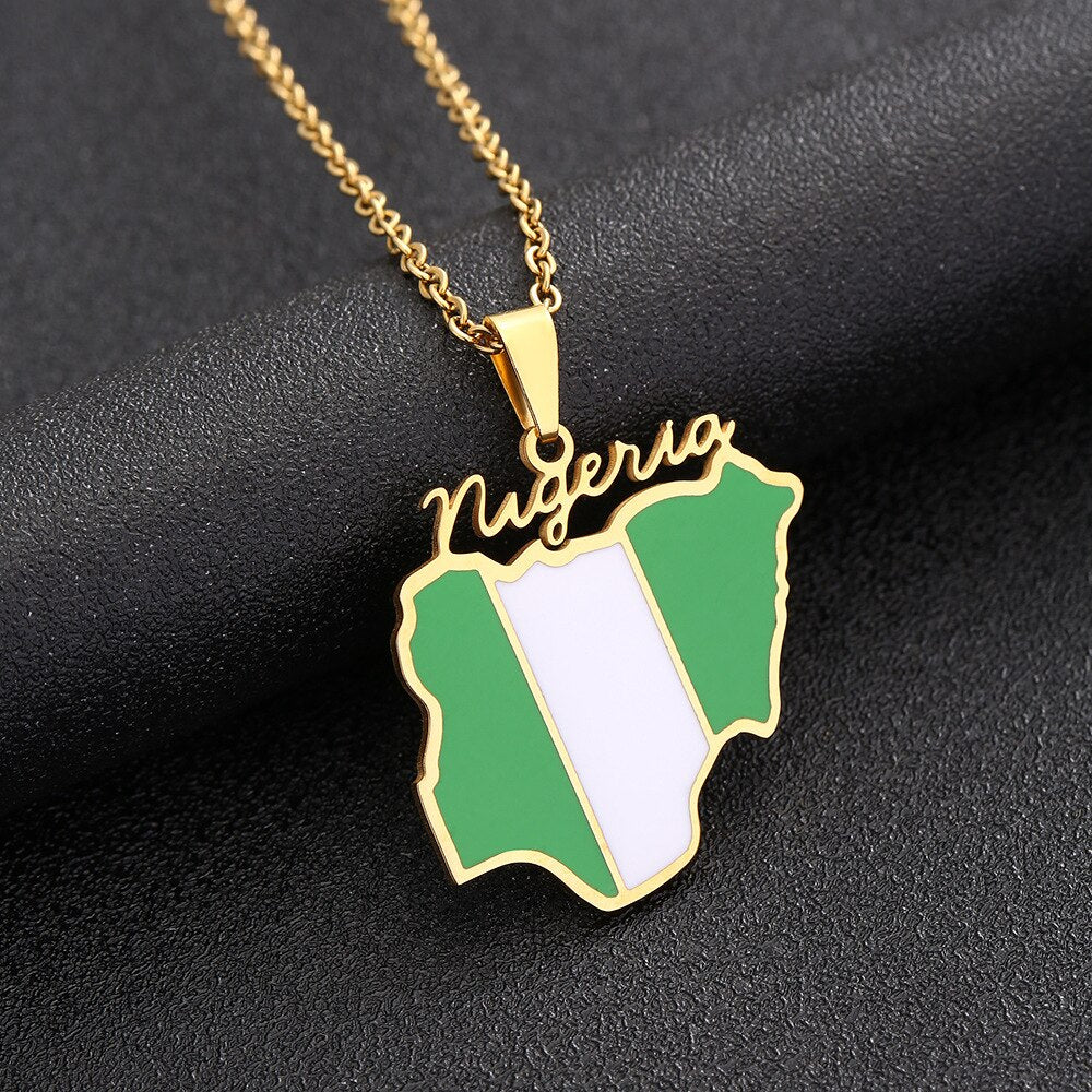 Gold Plated Stainless Steel Nigerian Map Pendant Necklace Unisex
