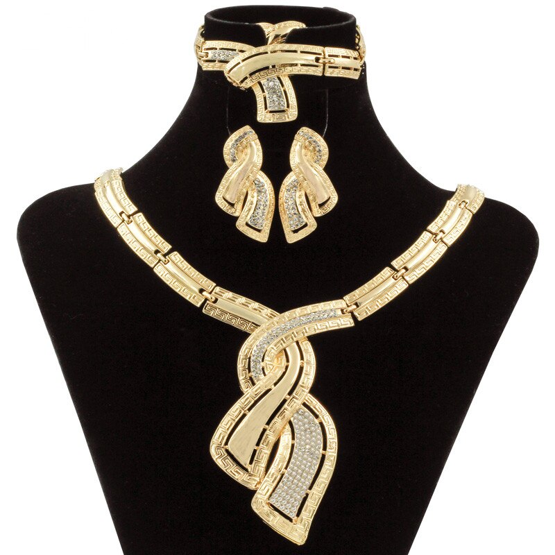 Dubai Gold Jewelry Fashion African Nigerian Crystal Necklace Bracelet Ring Wedding Earrings Women Bridal Jewelry Sets