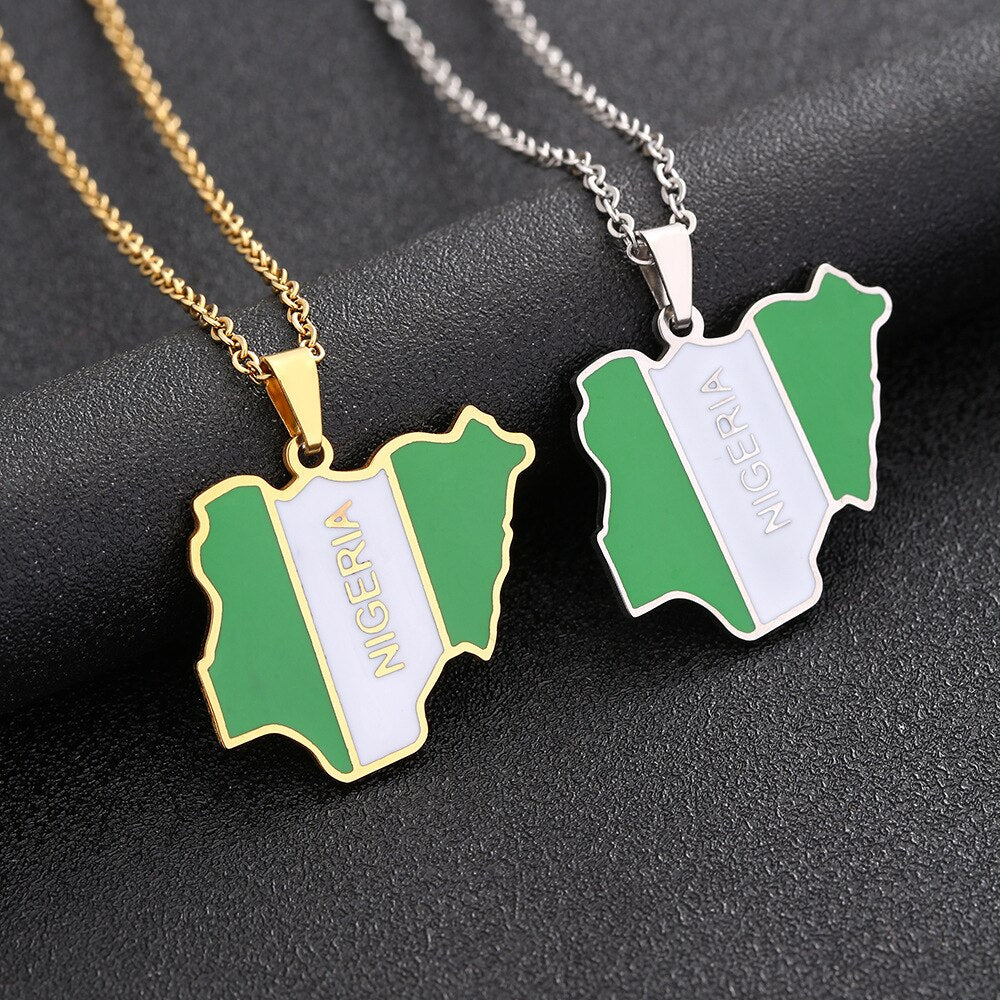 Gold Plated Stainless Steel Nigerian Map Pendant Necklace Unisex