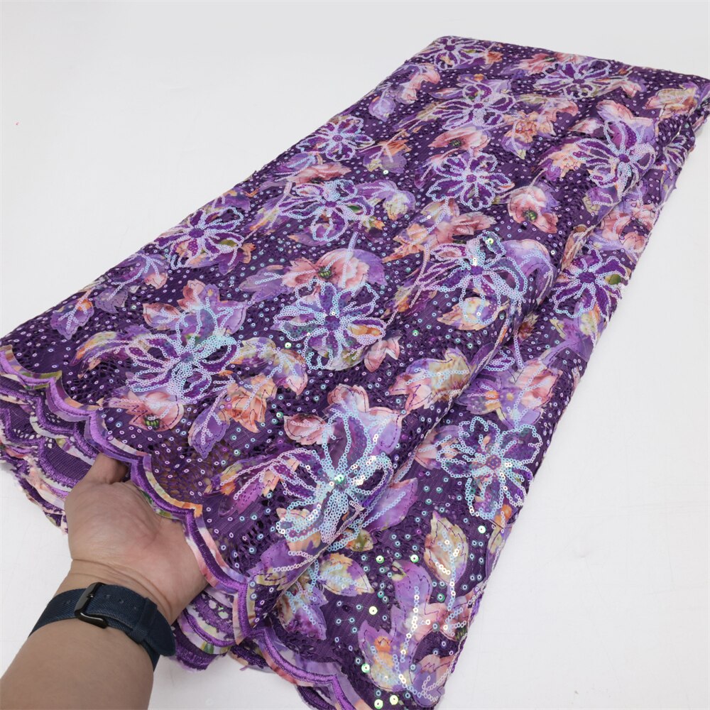 Luxury Flocking Velvet French Net Lace Fabric 5 Yards High Quality Sequins Embroidery Nigerian Lace Material Asoebi Dress LY1467