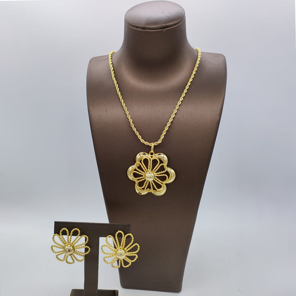 Nigerian Gold Plated Jewelry Set Long Chain Necklace and Earrings 2Pcs Set 18k Gold Color Women Fashion Weddings Party Gifts