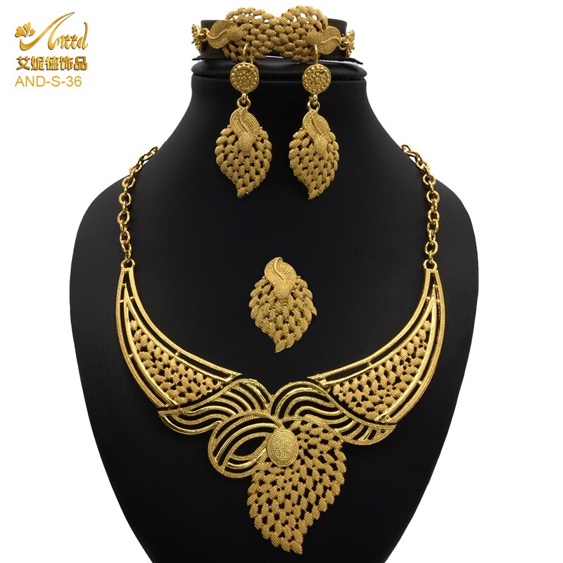 Nigerian Wedding Jewelry Set Gold Plated Dubai African Chokers Necklace Earrings Rings Fashion Bridal Jewellery Sets For Women