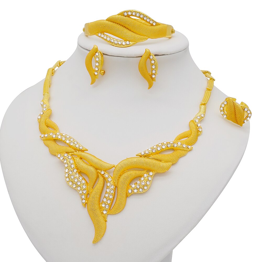 Trendy Nigerian Dubai Gold Color Jewelry Set For Women Tassel Long Chain Bridal Long Necklace Bracelet Earring Ring Wedding Sets