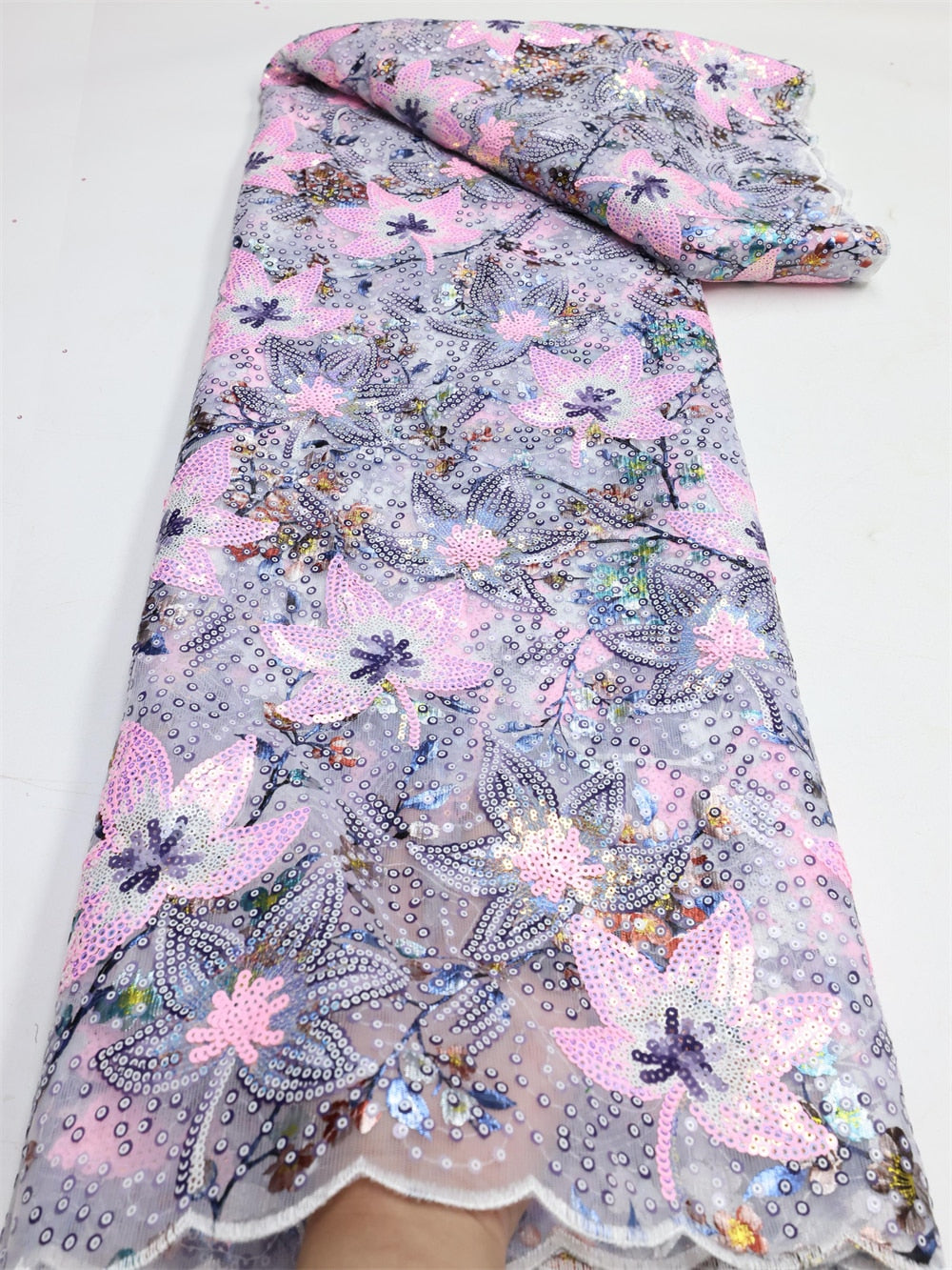 Latest Flocking African Lace Fabric With Sequins French Net Mesh Velvet Material Lace Fabric For Asoebi Evening Dress Sew LY1362