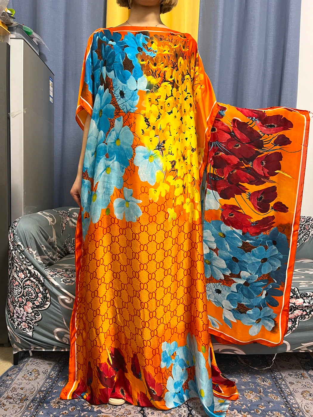 Tropical luxury kaftan dress for women, elegant resort wear with vibrant prints and flowy fabric
