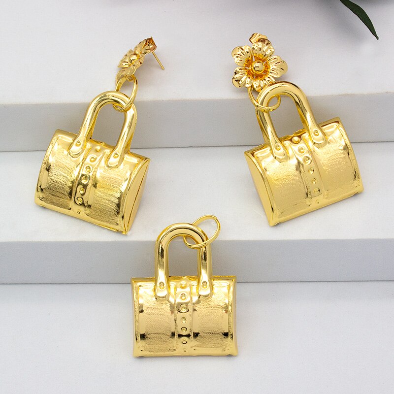 Dubai Gold Plated Jewelry Set Bag Pattern Drop Earrings Necklace Pendant Sets