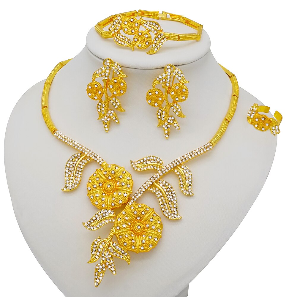 Trendy Nigerian Dubai Gold Color Jewelry Set For Women Tassel Long Chain Bridal Long Necklace Bracelet Earring Ring Wedding Sets