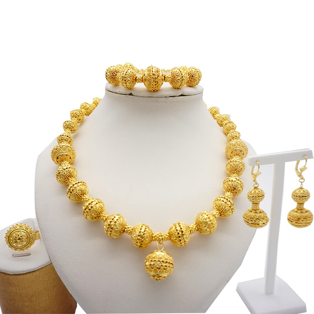 Trendy Nigerian Dubai Gold Color Jewelry Set For Women Tassel Long Chain Bridal Long Necklace Bracelet Earring Ring Wedding Sets