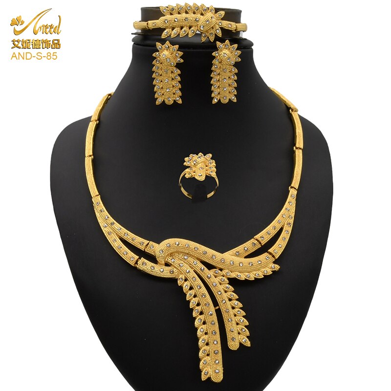 Nigerian Wedding Jewelry Set Gold Plated Dubai African Chokers Necklace Earrings Rings Fashion Bridal Jewellery Sets For Women