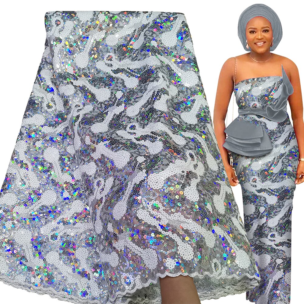 Sequence Lace Fabric 5 Yards High Quality Sequin Embroidery Nigerian Wedding Asoebi French Tulle Material
