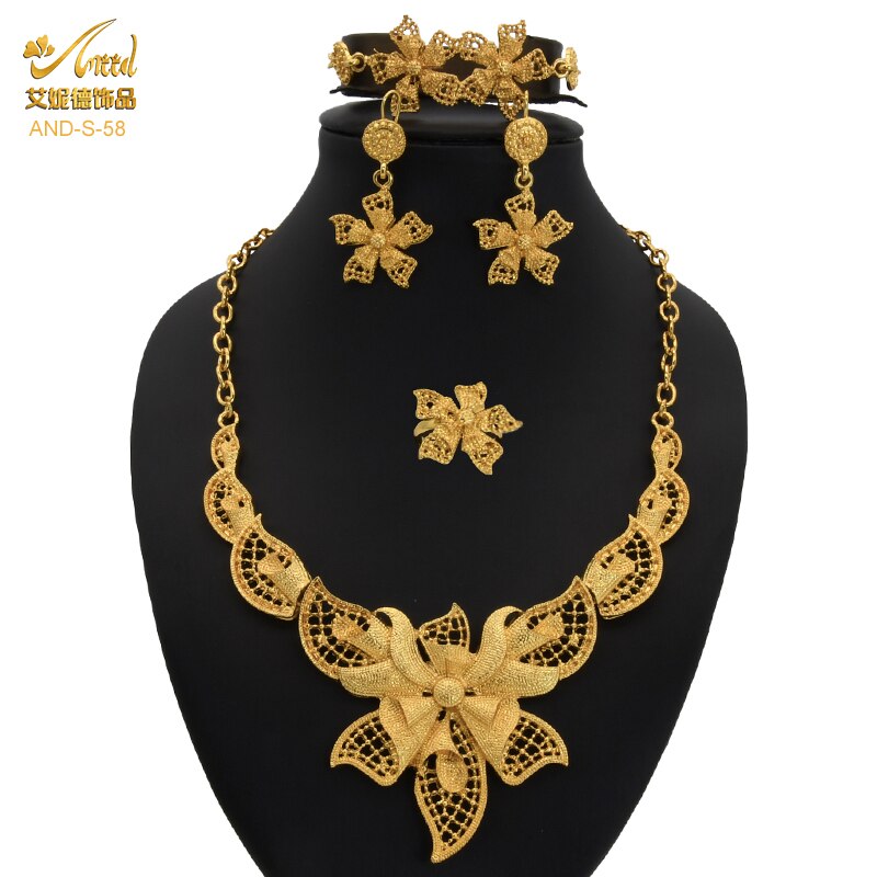 Nigerian Wedding Jewelry Set Gold Plated Dubai African Chokers Necklace Earrings Rings Fashion Bridal Jewellery Sets For Women