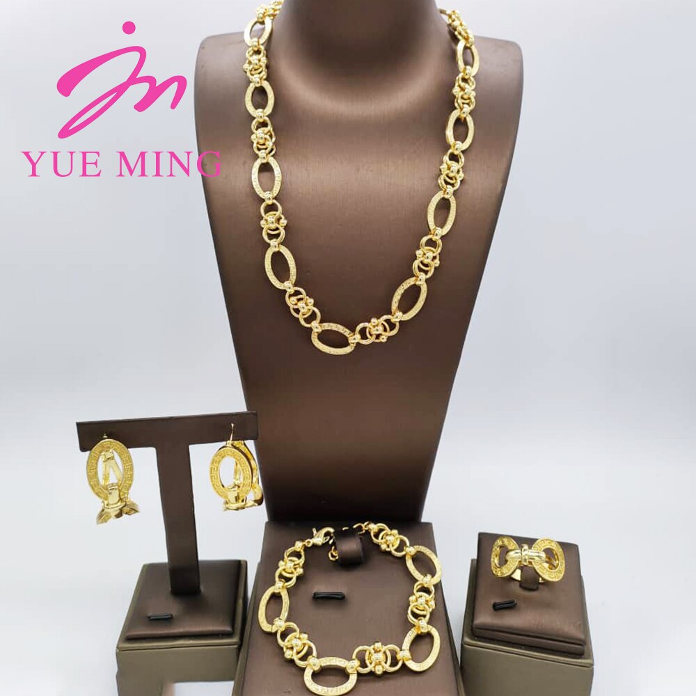 Nigerian Wedding Jewelry Set Gold Plated Copper Chain Dubai African Necklace Bracelet Rings Fashion Bridal Earrings For Women