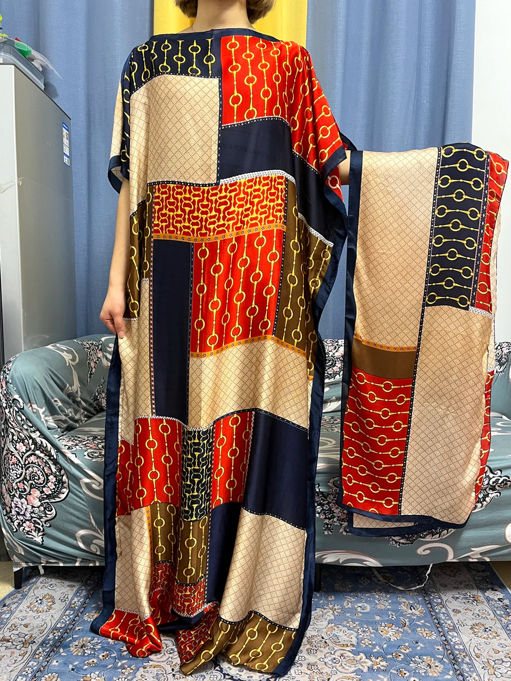Tropical luxury kaftan dress for women, elegant resort wear with vibrant prints and flowy fabric
