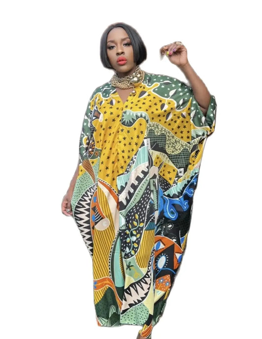 Traditional Print Holiday V-Neck Long Kaftan