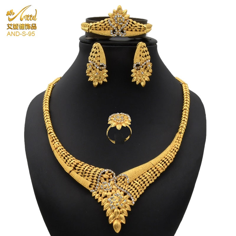 Nigerian Wedding Jewelry Set Gold Plated Dubai African Chokers Necklace Earrings Rings Fashion Bridal Jewellery Sets For Women