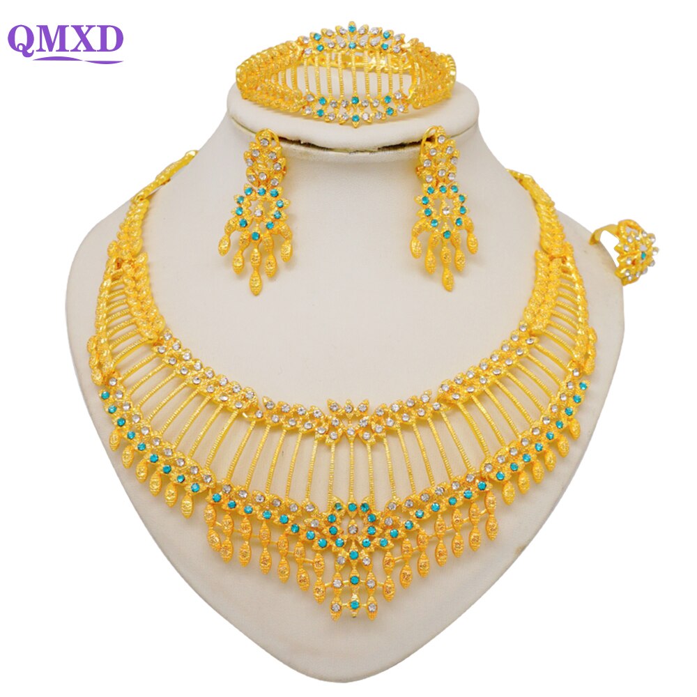 Trendy Nigerian Dubai Gold Color Jewelry Set For Women Tassel Long Chain Bridal Long Necklace Bracelet Earring Ring Wedding Sets