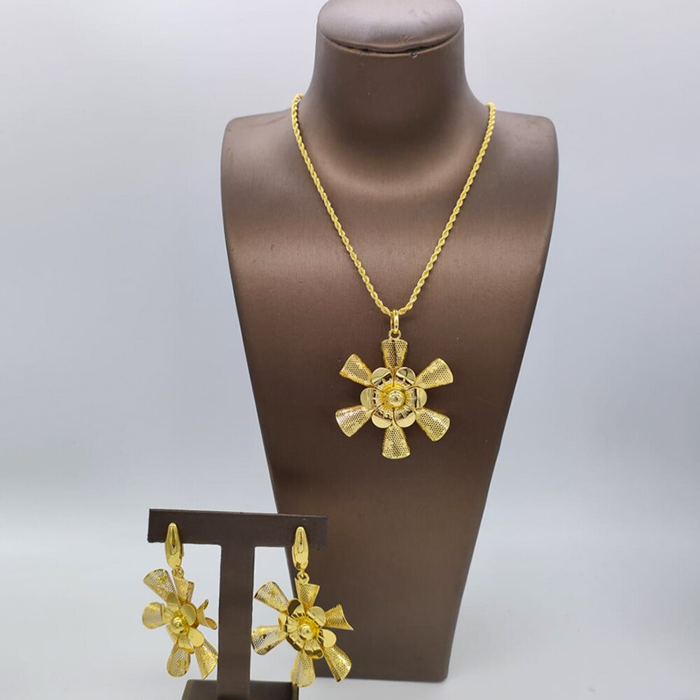 Nigerian Gold Plated Jewelry Set Long Chain Necklace and Earrings 2Pcs Set 18k Gold Color Women Fashion Weddings Party Gifts