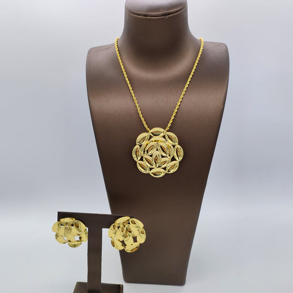 Nigerian Gold Plated Jewelry Set Long Chain Necklace and Earrings 2Pcs Set 18k Gold Color Women Fashion Weddings Party Gifts