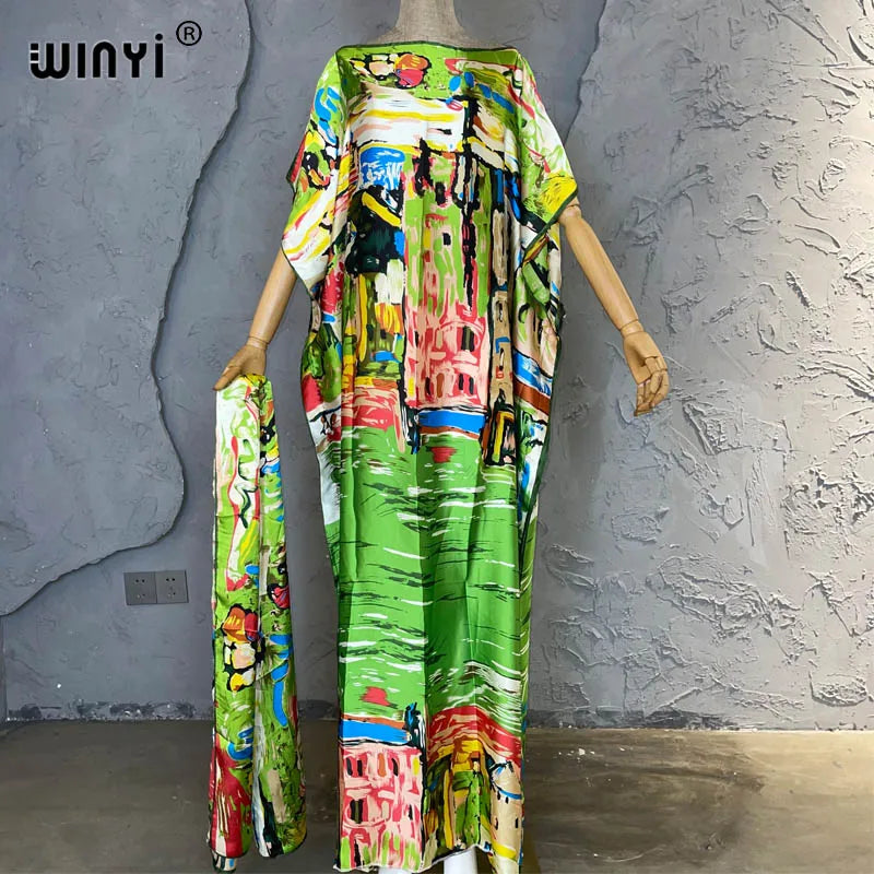 Tropical luxury kaftan dress for women, elegant resort wear with vibrant prints and flowy fabric

