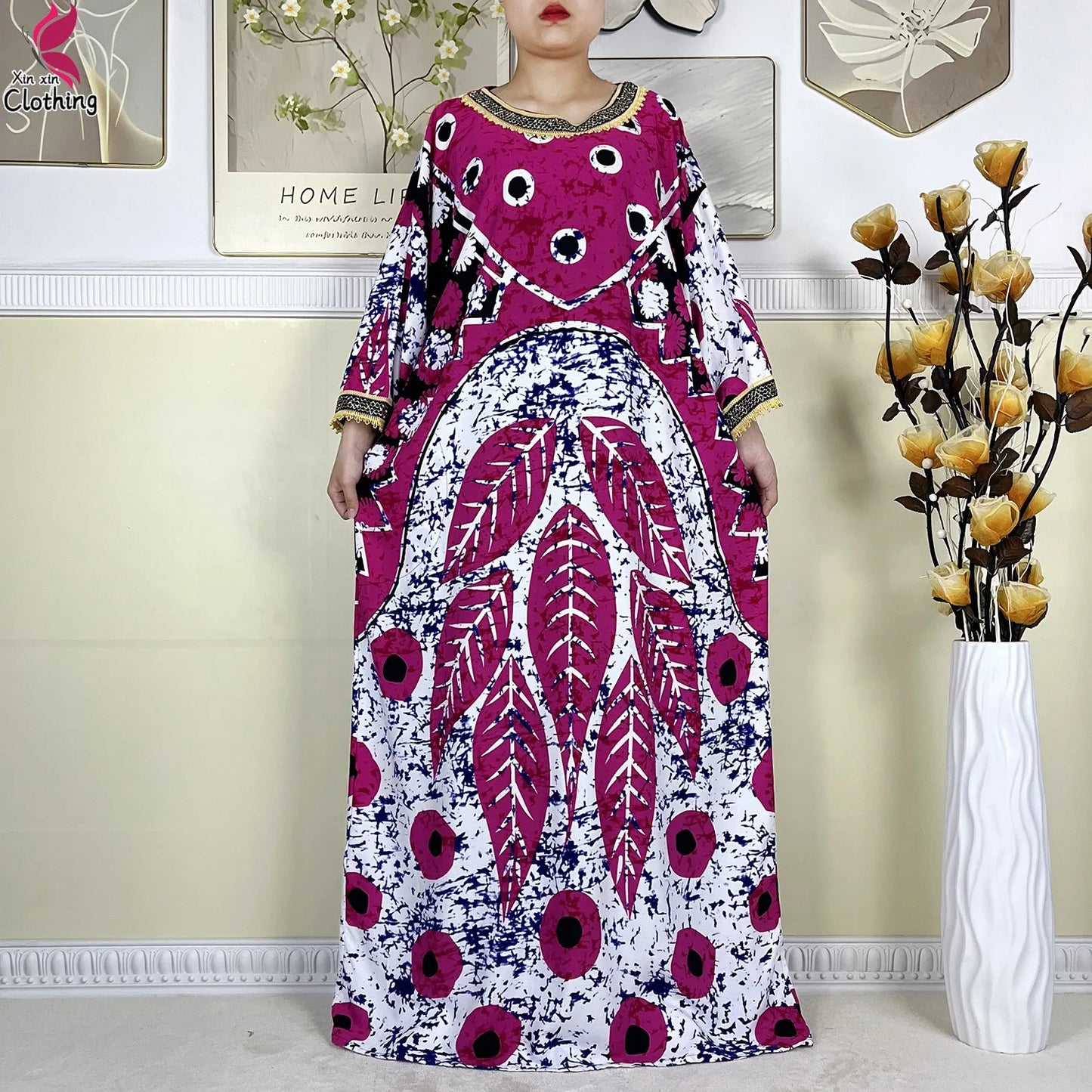 Tropical luxury kaftan dress for women, elegant resort wear with vibrant prints and flowy fabric

