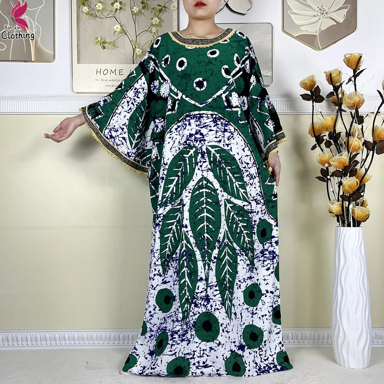 Tropical luxury kaftan dress for women, elegant resort wear with vibrant prints and flowy fabric
