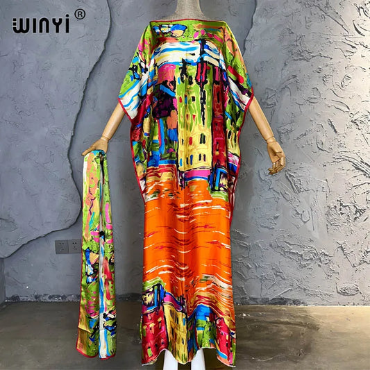 Tropical luxury kaftan dress for women, elegant resort wear with vibrant prints and flowy fabric
