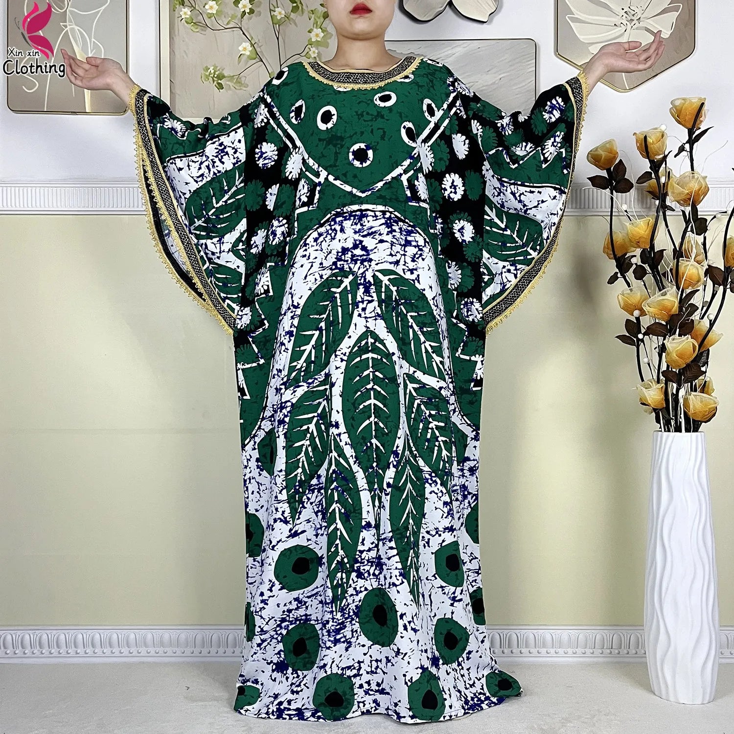 Tropical luxury kaftan dress for women, elegant resort wear with vibrant prints and flowy fabric
