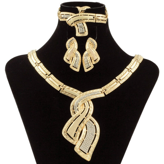 Dubai Gold Jewelry Crystal Necklace Hoop Earrings