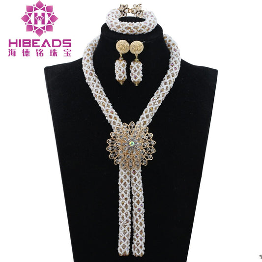 Nigerian African Party Jewelry Set Shinny White and Gold Crystal Rope Chain Necklace Set Women Birthday Gift Jewelry Set ABH467