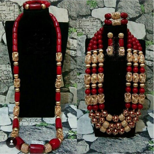 Coral Beads Wedding Jewelry Set For Bride and Groom