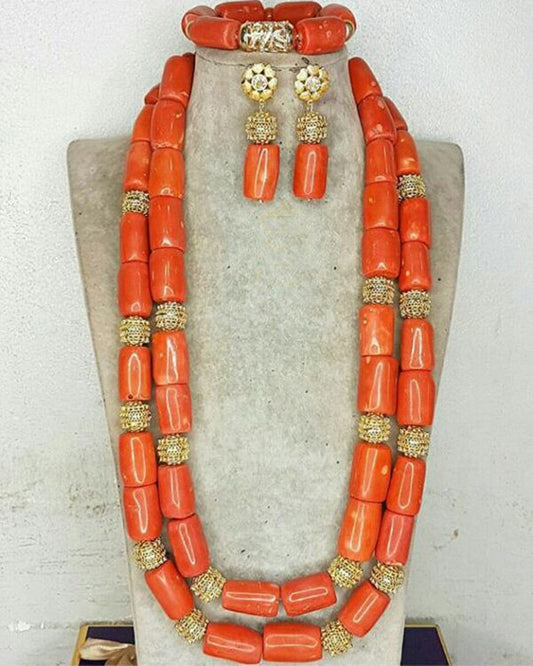 Nigeria Wedding Jewelry Handmade  Original Coral African Beads Jewelry Set Gold Dubai Women Costume Jewelry Set Coral Party ABG8