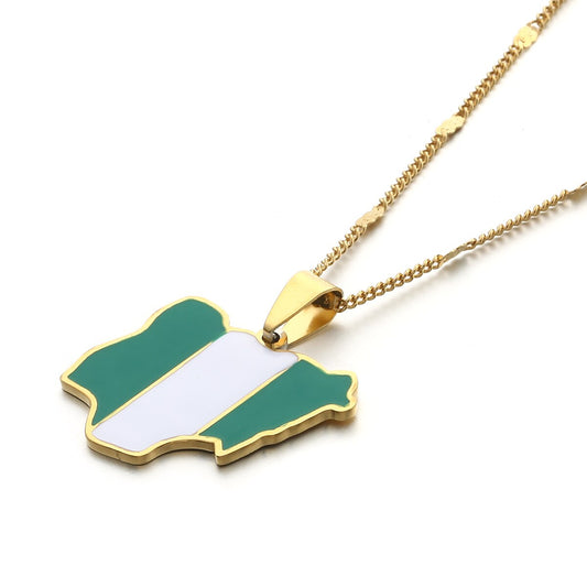 Stainless Steel Gold Color Enamel Nigeria Map Flag Pendant Necklaces For Women Men Trendy Nigerian Chain Jewelry