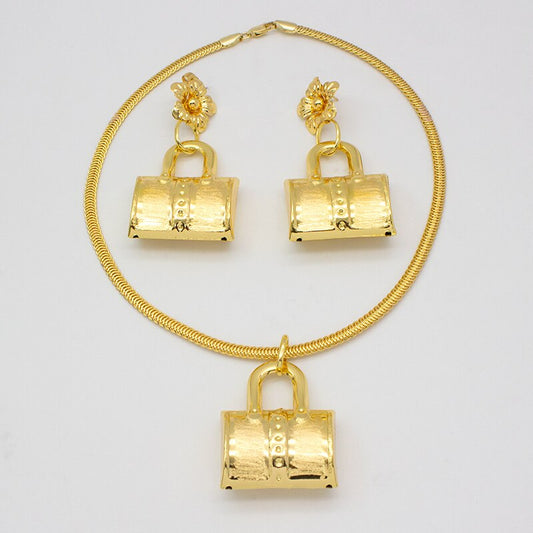 Dubai Gold Plated Jewelry Set Bag Pattern Drop Earrings Necklace Pendant Sets