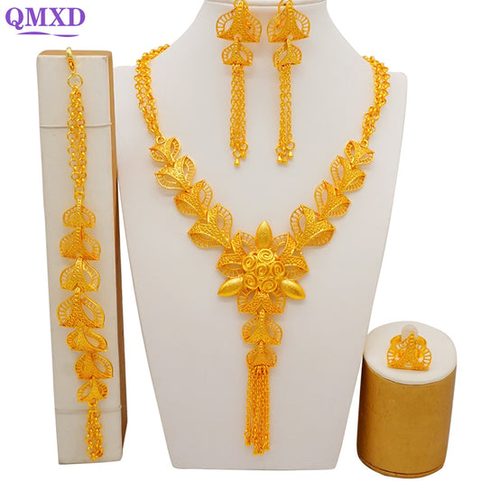 Trendy Nigerian Dubai Gold Color Jewelry Set For Women Tassel Long Chain Bridal Long Necklace Bracelet Earring Ring Wedding Sets