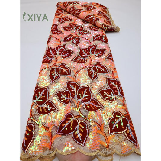 XIYA African Velvet Sequins Lace Fabric 5 Yards 2022 High Quality Soft French Tulle Nigerian Wedding Asoebi Women Dress LY749-4