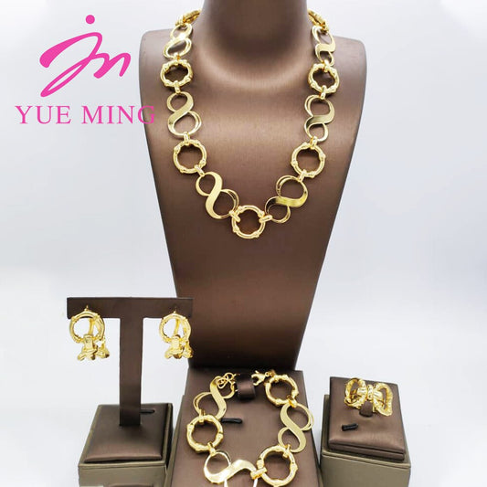 Nigerian Wedding Jewelry Set Gold Plated Copper Chain Dubai African Necklace Bracelet Rings Fashion Bridal Earrings For Women